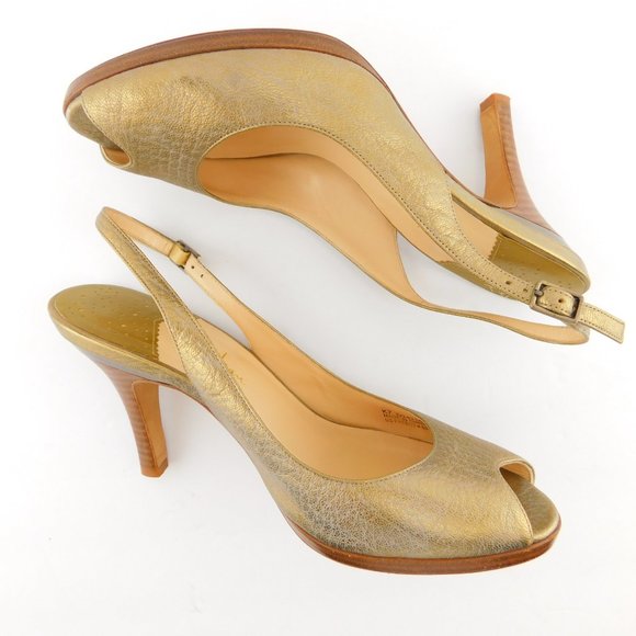 COLE HAAN Nike Air Blush Gold Leather Peep Toe Platform Sling Back Heel Pump 8.5 - Picture 4 of 10